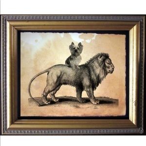 Yorkie Dog Riding Lion Wall Art Print Tea Stained